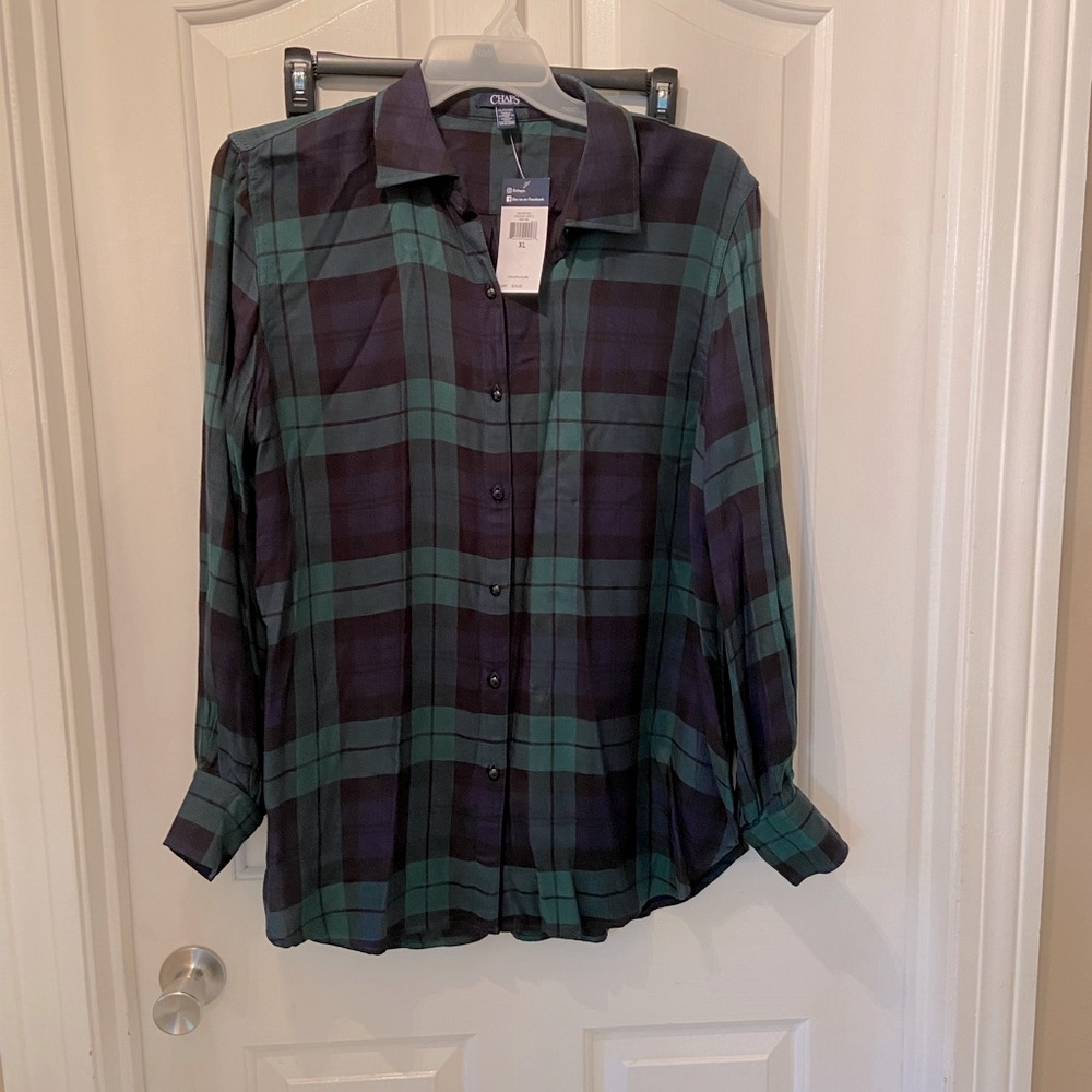 NWT Chaps oversized navy/green plaid top